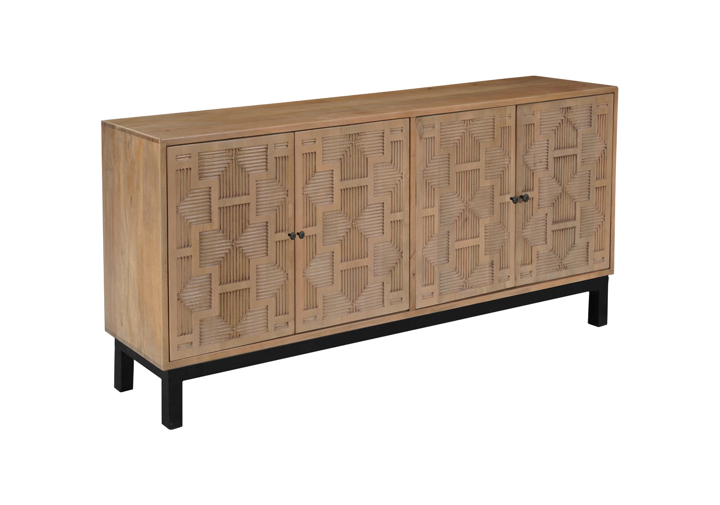 80" Brown Solid Wood Carved Geometric Sideboard with Four Doors-0