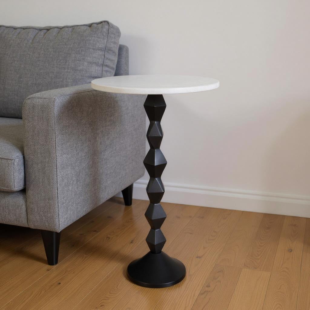 25" White and Black Marble and Aluminum Round Pedestal End Table-1