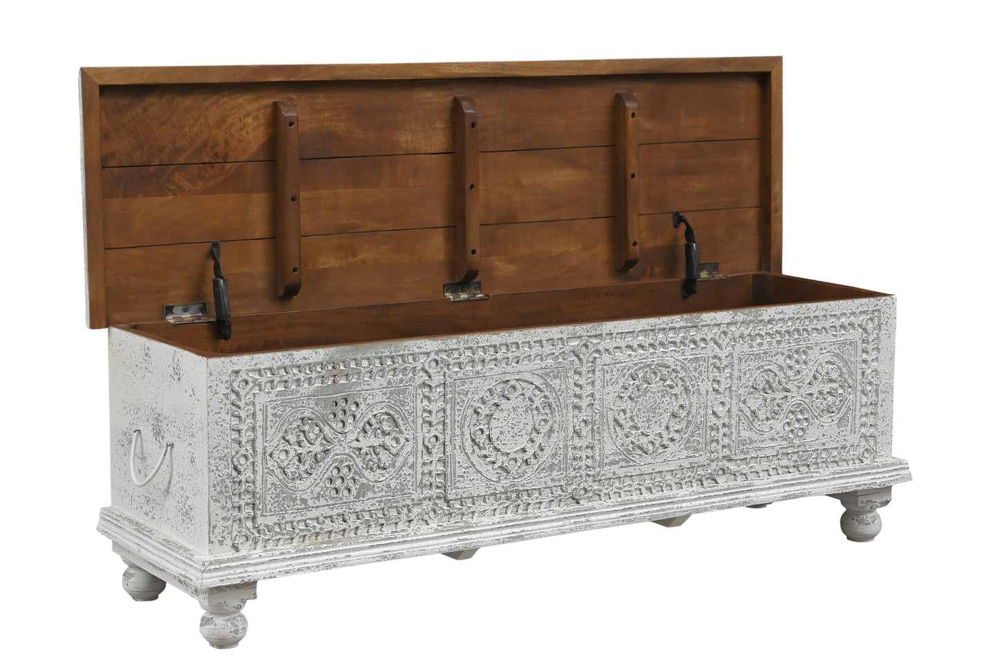 54" White Solid Wood Medallion Storage Ottoman-3