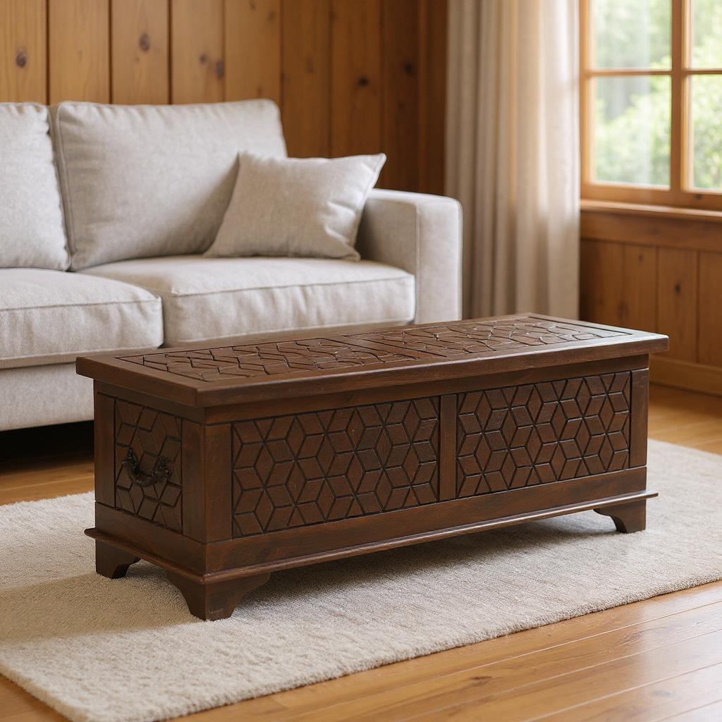 52" Brown Solid Wood Geometric Storage Ottoman-0