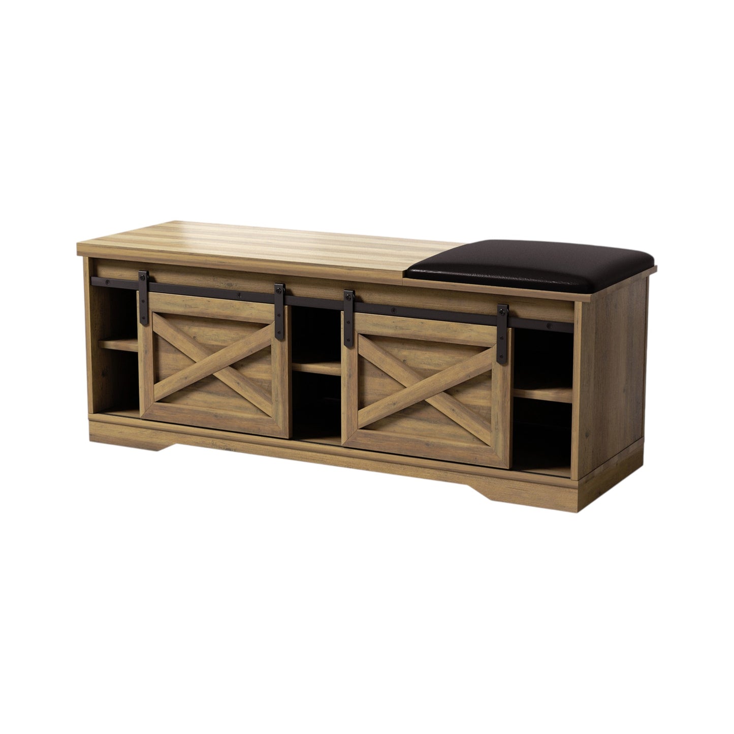 47" Black and Natural Faux Leather And Wood Bench With Shoe Storage And Shelves-2