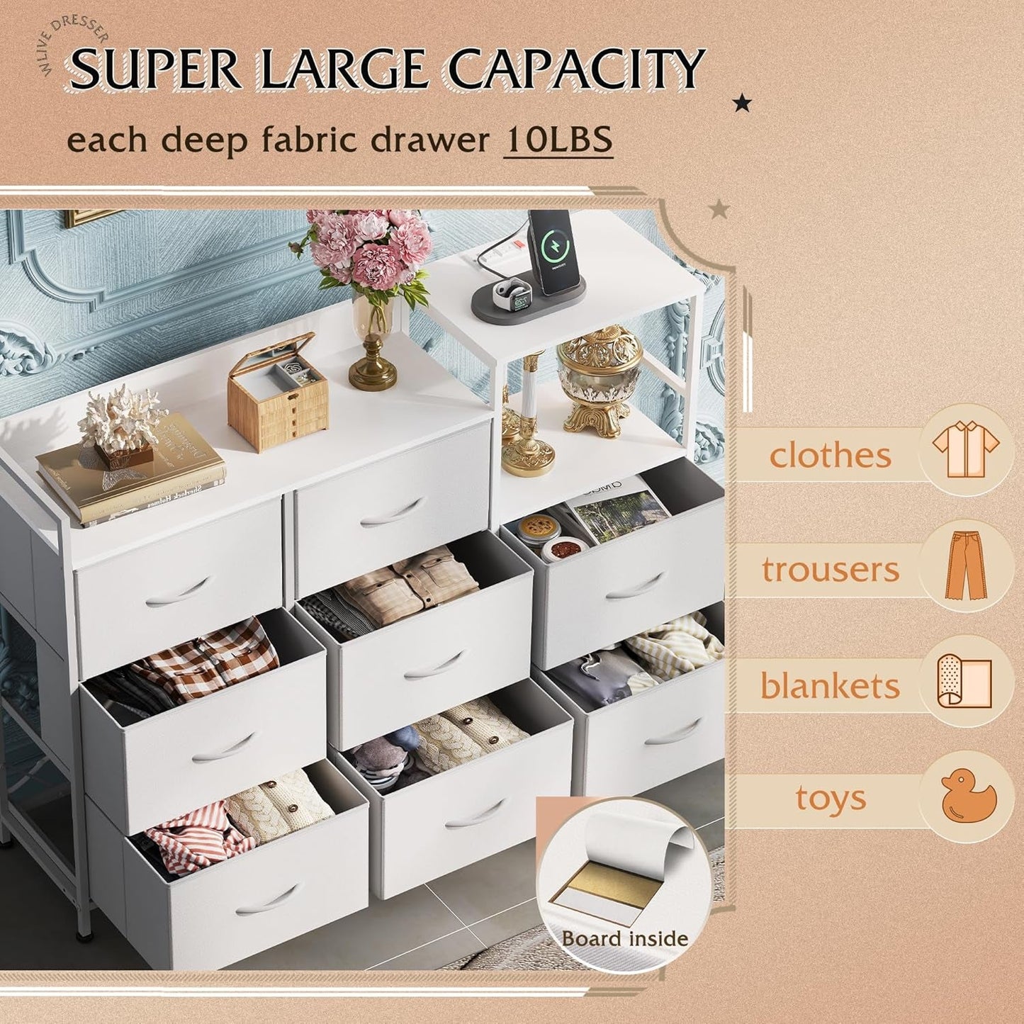 White Dresser TV Stand for Bedroom with Charging Station and Open Shelves, Fabric Dresser with 8 Drawers and Wood Top, Wide Storage Chest of Drawers for Living Room, Hallway-4