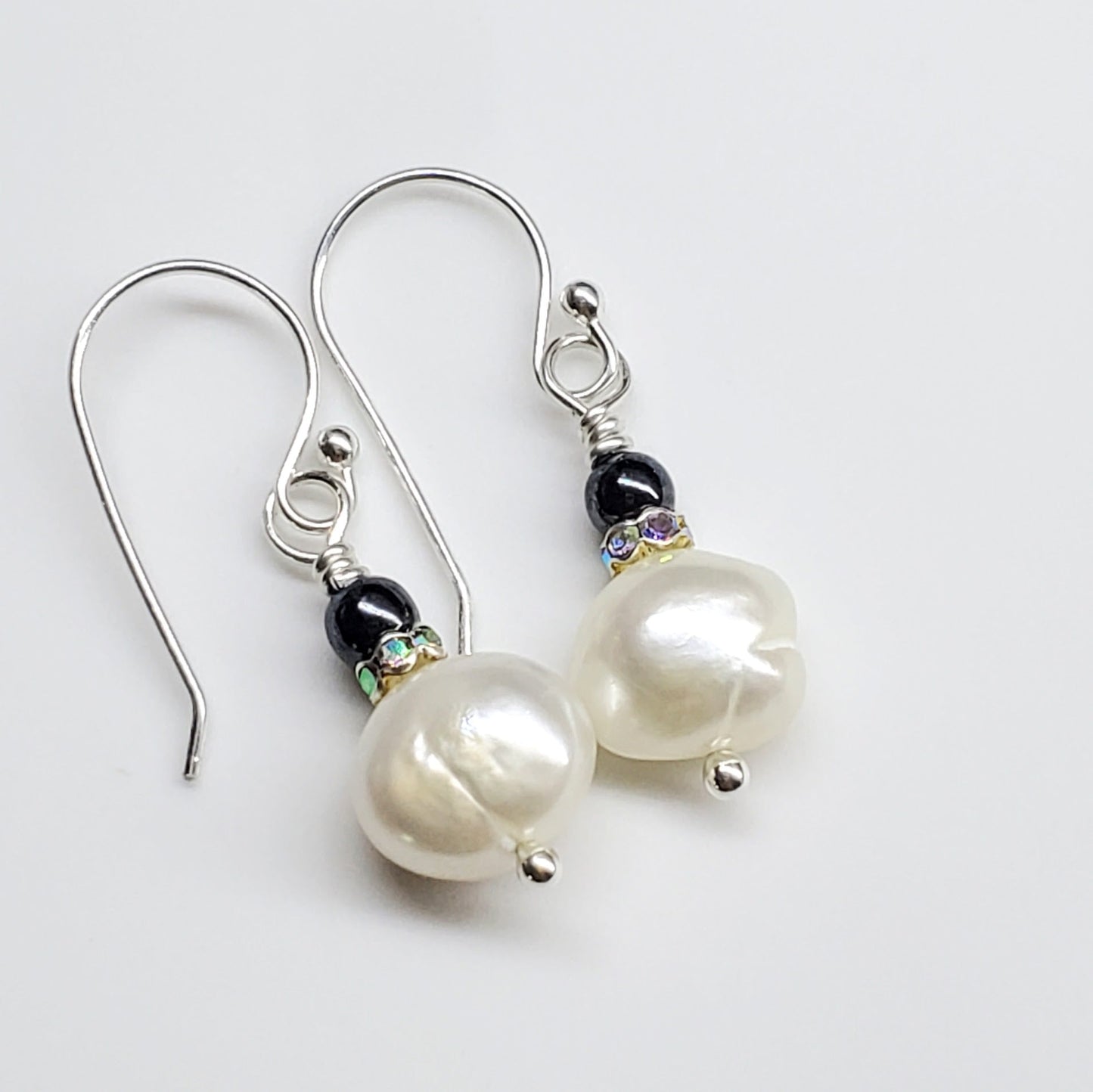 10mm Freshwater Baroque Pearl Sterling Silver Crystal Dangle Earrings