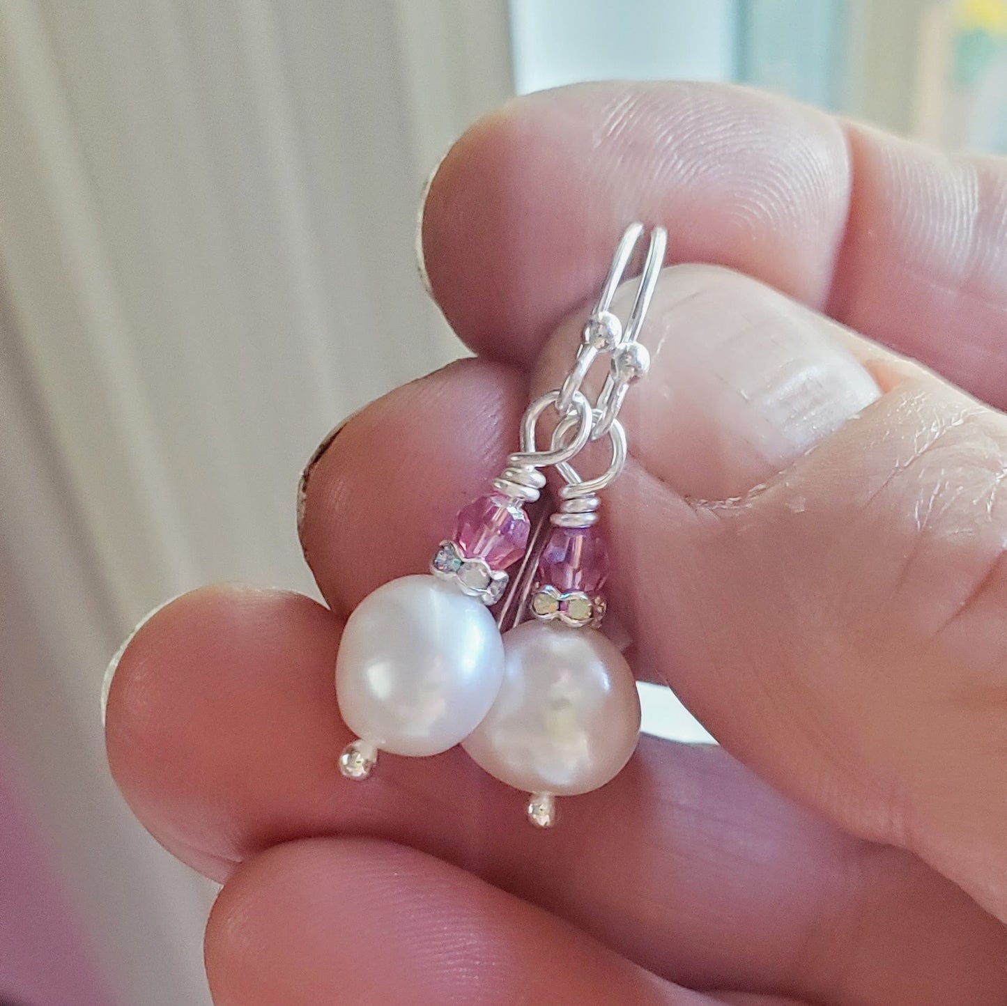 10mm Freshwater Baroque Pearl Sterling Silver Crystal Dangle Earrings