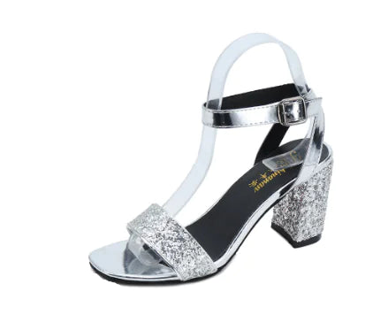 Classic Style Open Toe Chunky Heel Rhinestone Pumps