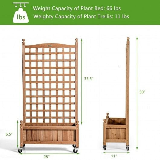 50 Inch Wood Planter Box with Trellis Mobile Raised Bed for Climbing Plant-2