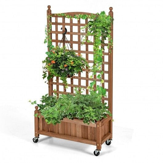 50 Inch Wood Planter Box with Trellis Mobile Raised Bed for Climbing Plant-4