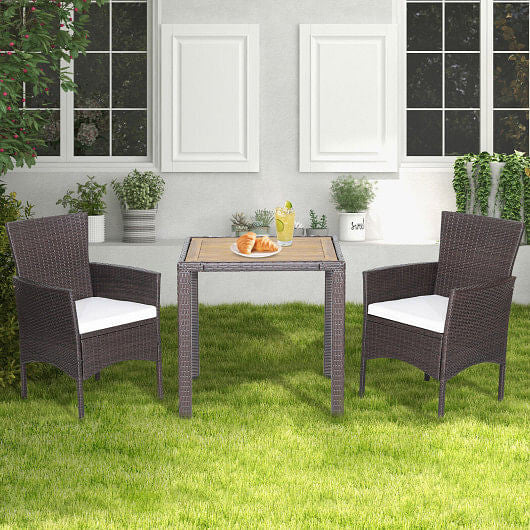 3 Pieces Patio Wicker Furniture Set wih Acacia Wood Table Top and Chair Cushiones-3