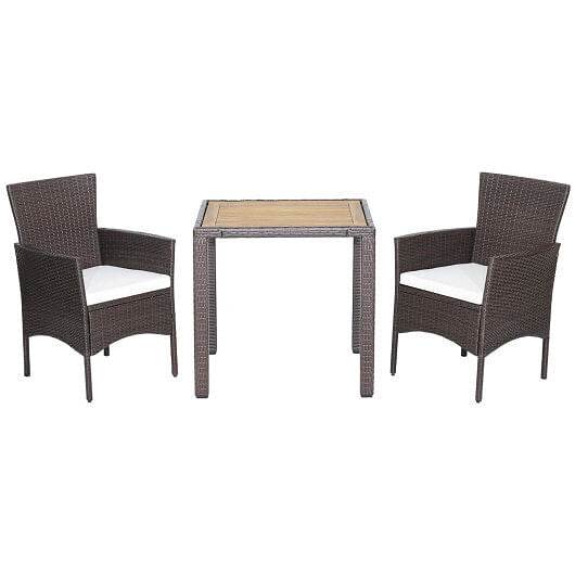 3 Pieces Patio Wicker Furniture Set wih Acacia Wood Table Top and Chair Cushiones-4