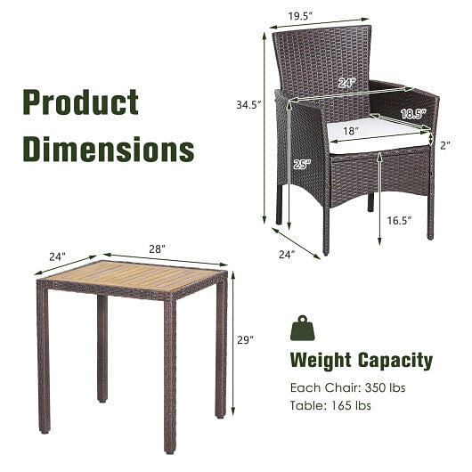 3 Pieces Patio Wicker Furniture Set wih Acacia Wood Table Top and Chair Cushiones-2