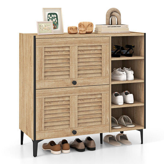 Shoe Rack Organizer with Flip-up See-through Doors and Adjustable Shelves-Oak-4