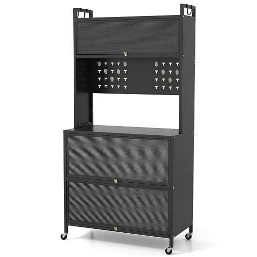 5 Tier Kitchen Bakers Rack with Lights Multifunctional Microwave Stand with Flip Door Cabinets-Black-2