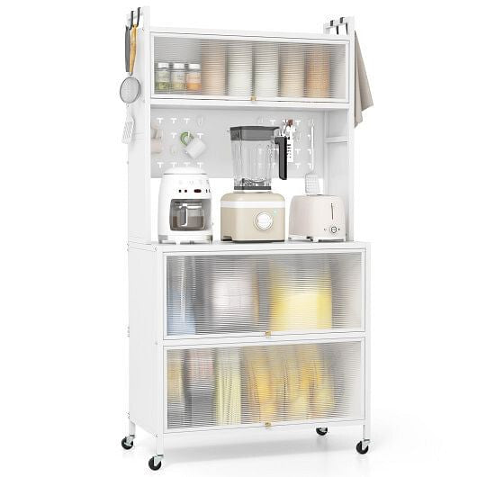 5 Tier Kitchen Bakers Rack with Lights Multifunctional Microwave Stand with Flip Door Cabinets-Black-4