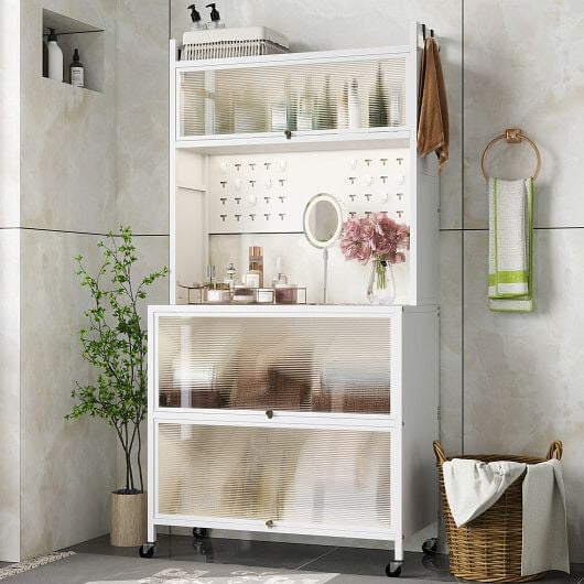 5 Tier Kitchen Bakers Rack with Lights Multifunctional Microwave Stand with Flip Door Cabinets-Black-6