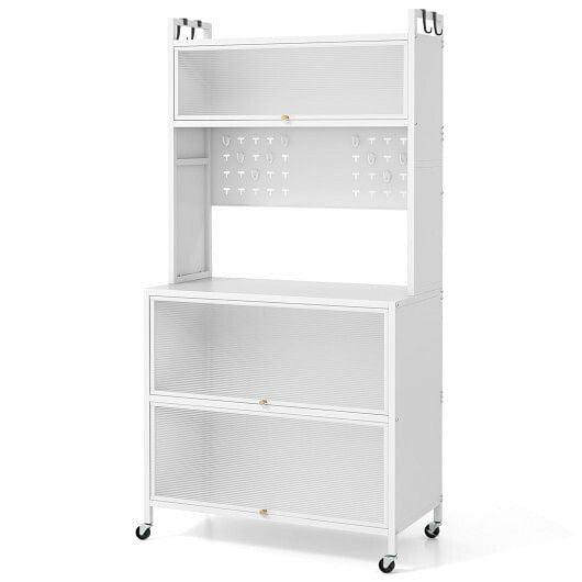 5 Tier Kitchen Bakers Rack with Lights Multifunctional Microwave Stand with Flip Door Cabinets-Black-7
