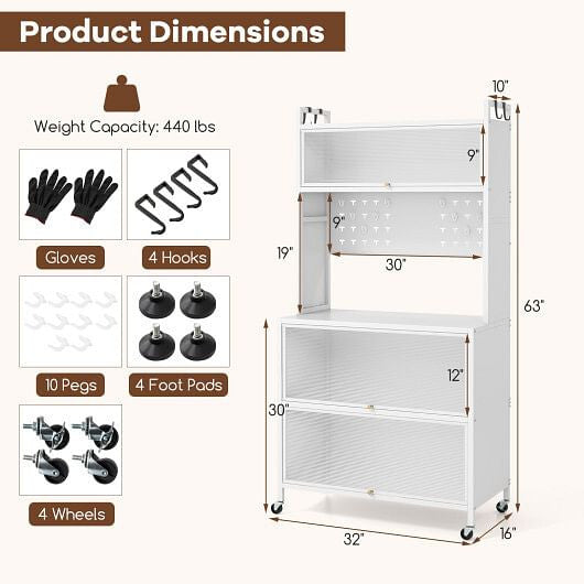 5 Tier Kitchen Bakers Rack with Lights Multifunctional Microwave Stand with Flip Door Cabinets-Black-8