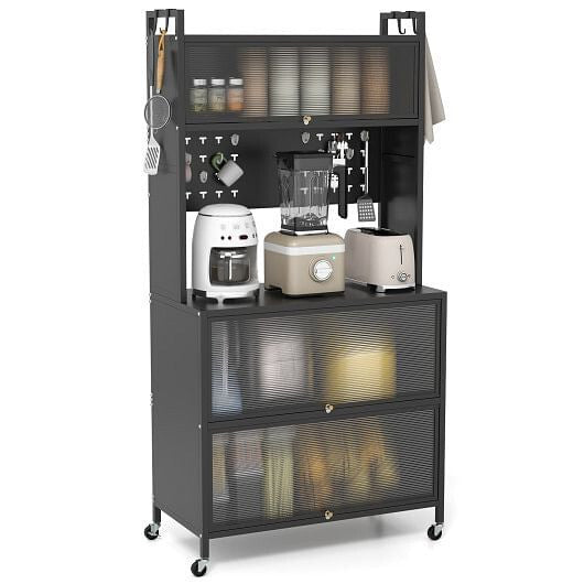 5 Tier Kitchen Bakers Rack with Lights Multifunctional Microwave Stand with Flip Door Cabinets-Black-9
