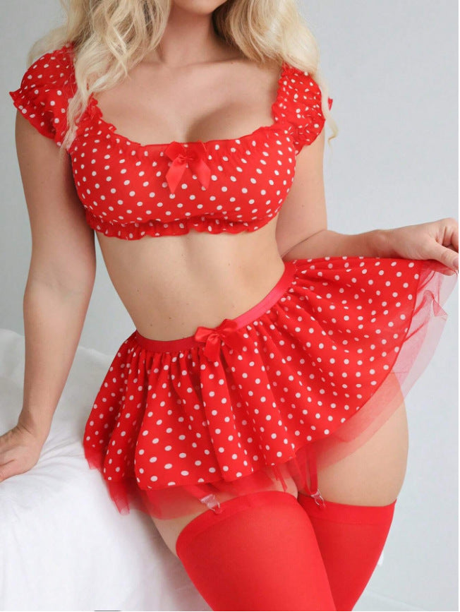 Women Sexy Split off Shoulder Skirt Dot Mesh Sexy Lingerie Set