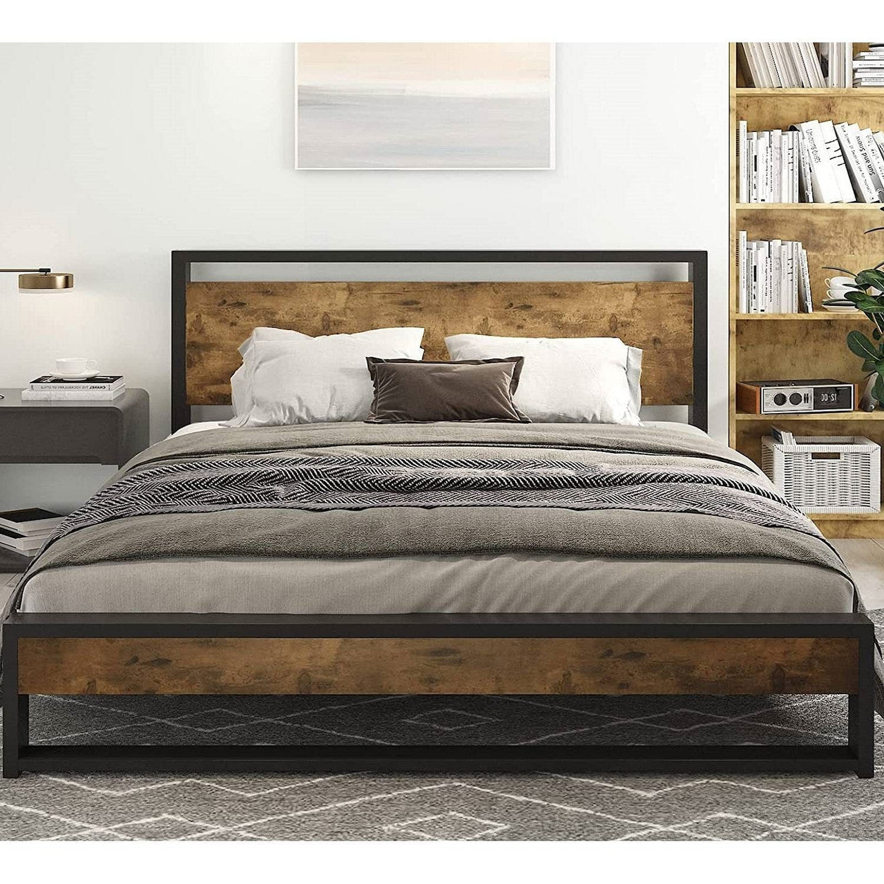 Queen Modern Farmhouse Platform Bed Frame with Wood Panel Headboard Footboard-0