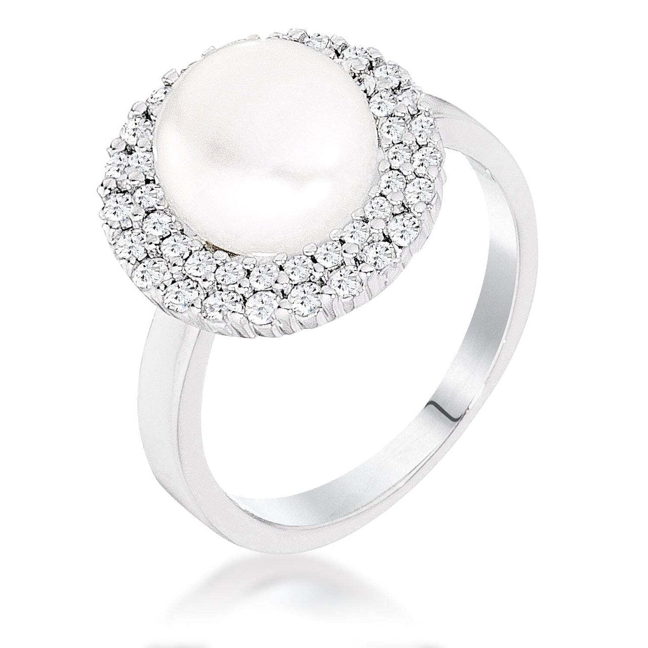 Rhodium Plated Double Halo Ethereal Pearl Cocktail Ring-0