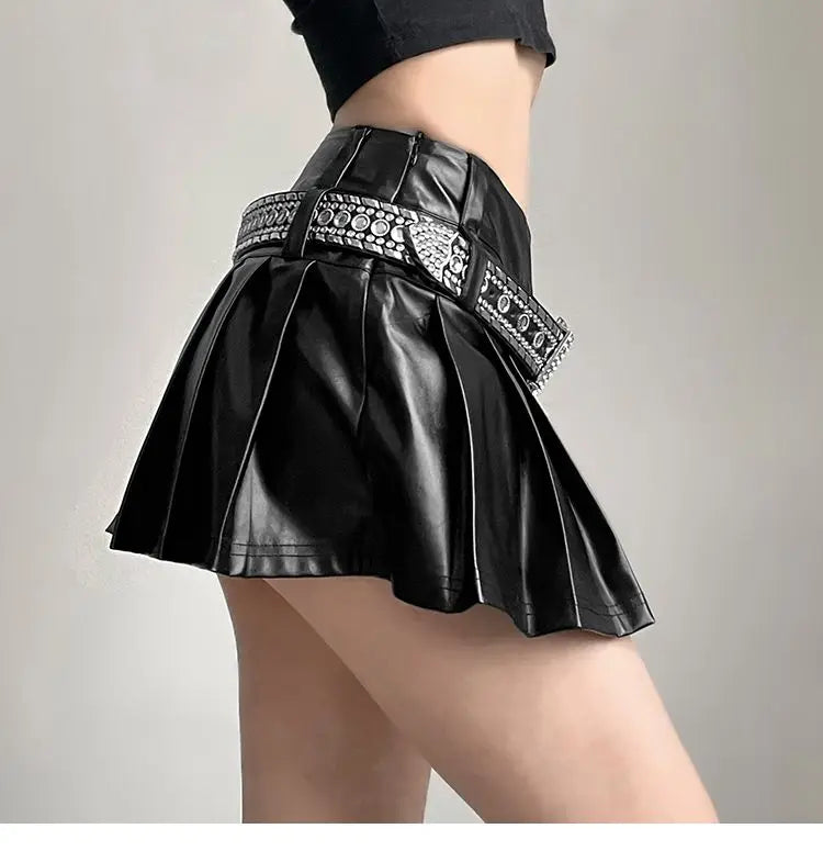 Hip-hop Pleated PU Leather Pleated Skirt