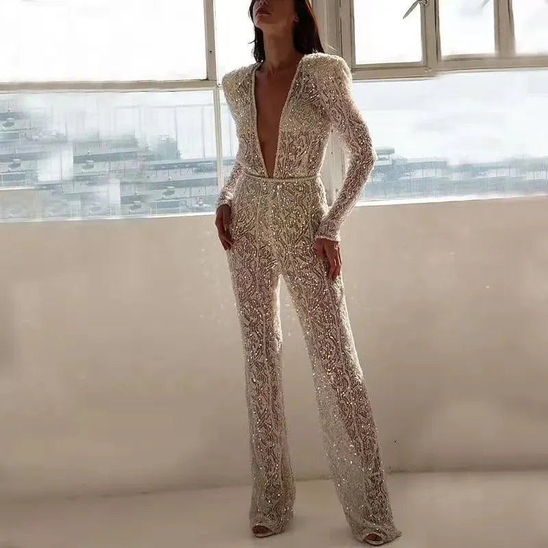 70's Inspired Sexy Long Sleeve Sparkling Lace Jumpsuit