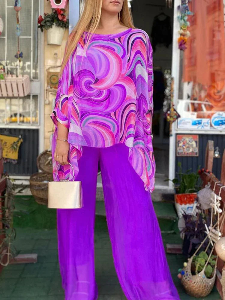 70's Inspired Paisley Print Top & Wide Leg Pants