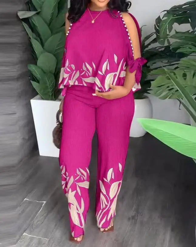 Women's Plus Size Two Piece 70's Inspired Cotton Linen Cold Shoulder Top & Matching Pants