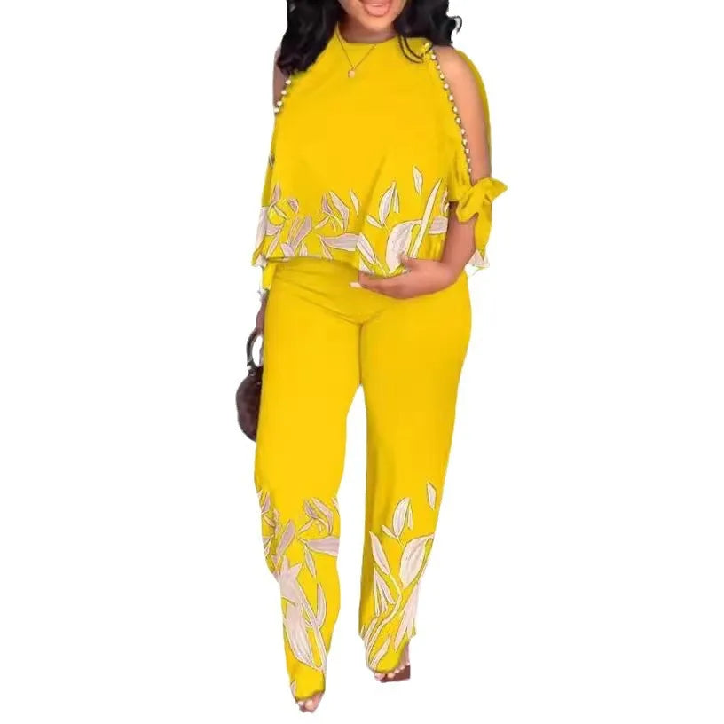 Women's Plus Size Two Piece 70's Inspired Cotton Linen Cold Shoulder Top & Matching Pants