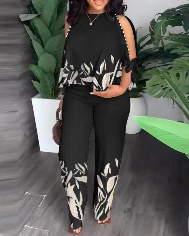 Women's Plus Size Two Piece 70's Inspired Cotton Linen Cold Shoulder Top & Matching Pants