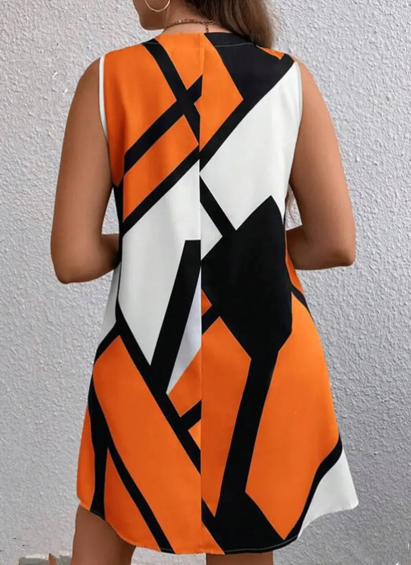 Retro Mod-Style Geometric Print V-Neck Sleeveless Dress