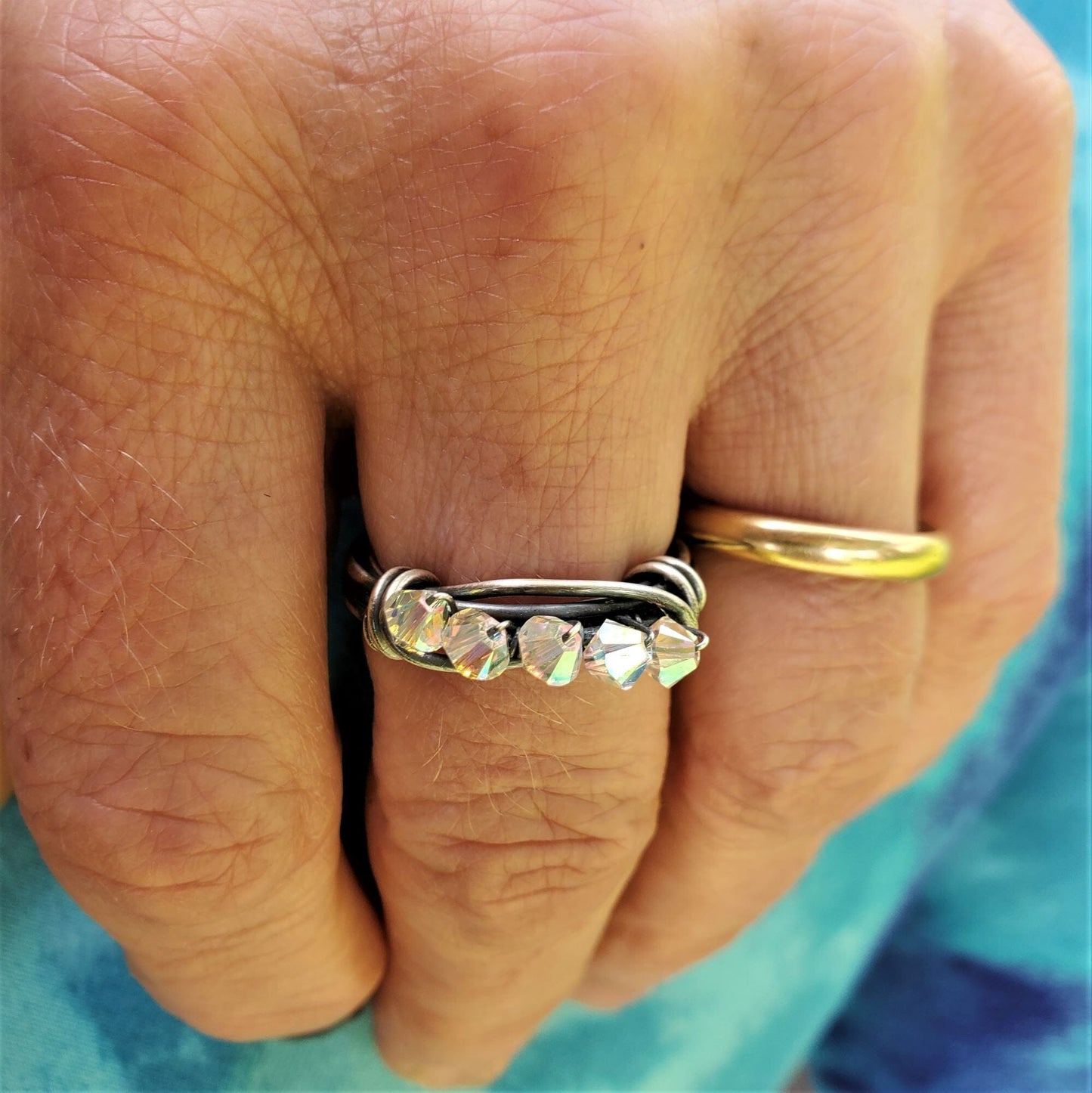 Wire Wrapped Antiqued Silver Super Sparkly Multi Band Bling Ring