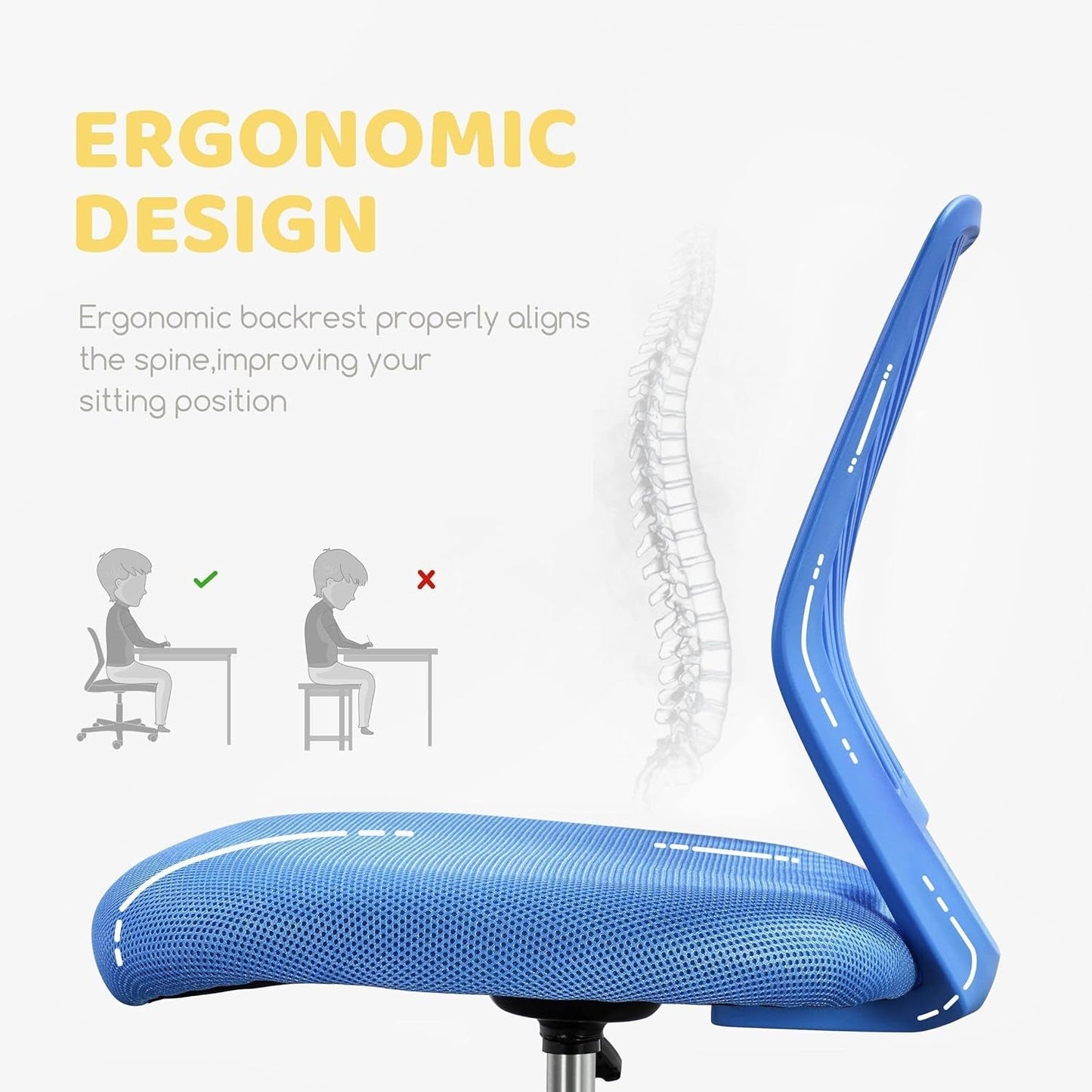 Students Desk Chair Low-Back Armless Study Chair Swivel Task Chair Cute Bedroom Chair with Lumbar Support Adjustable Height for Youth, Blue-3