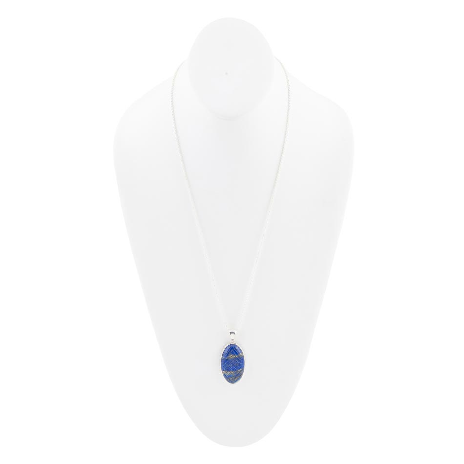 Carved Blue Lapis Sterling Silver Pendant Necklace