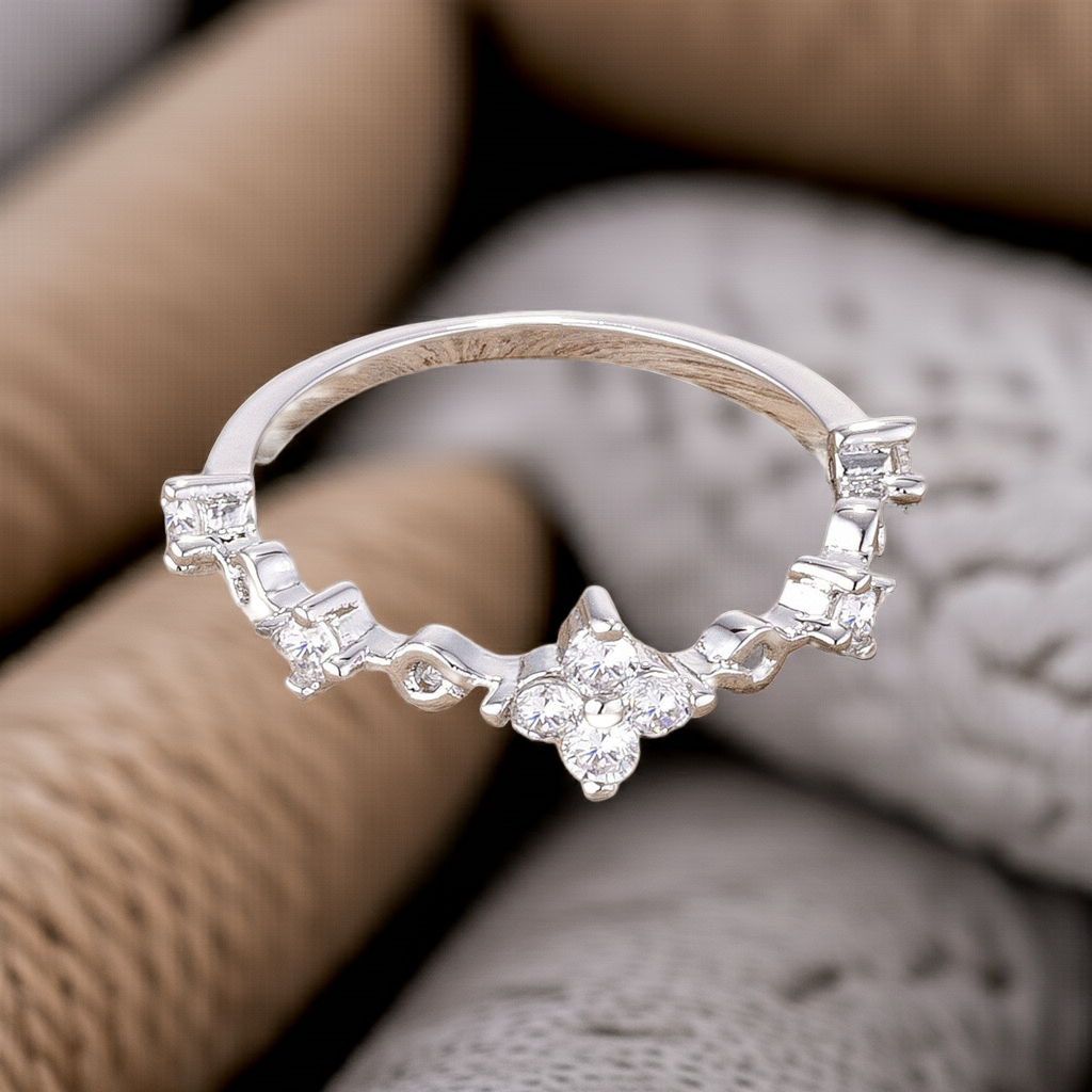 .24Ct Rhodium Plated Clear CZ Mini Floral Half Eternity Stackable Band