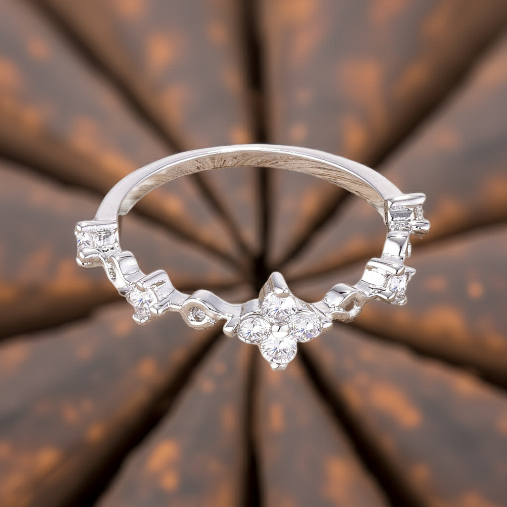 .24Ct Rhodium Plated Clear CZ Mini Floral Half Eternity Stackable Band