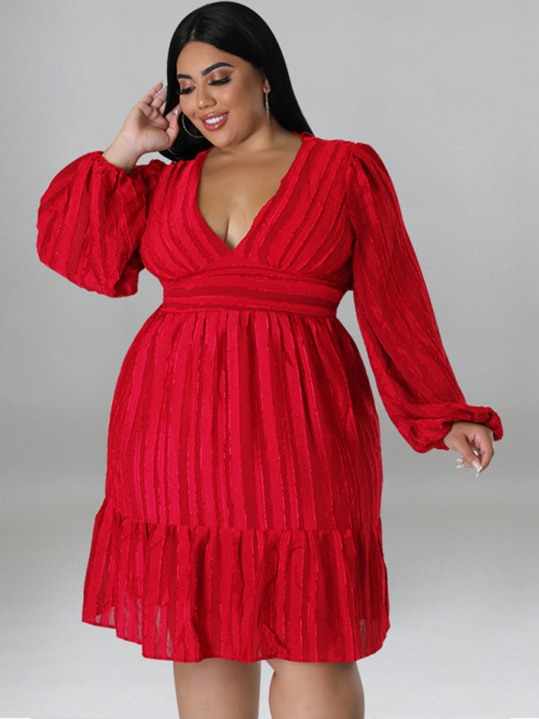 Plus Size Classic Jacquard V-Neck Sexy Long-Sleeved Mini Dress