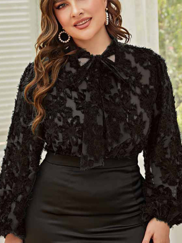 Classically Sexy Plus Size Women's Tie Bow Long Sleeve Lacy Blouse