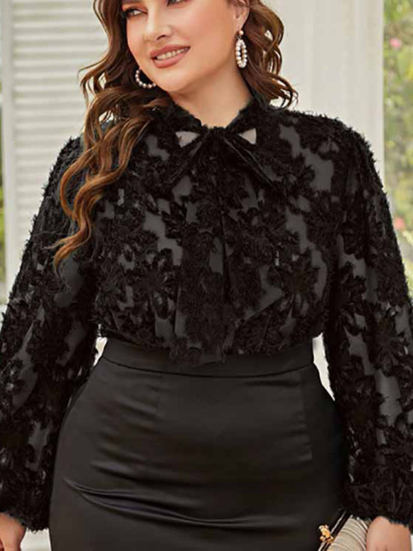 Classically Sexy Plus Size Women's Tie Bow Long Sleeve Lacy Blouse