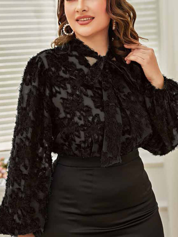 Classically Sexy Plus Size Women's Tie Bow Long Sleeve Lacy Blouse