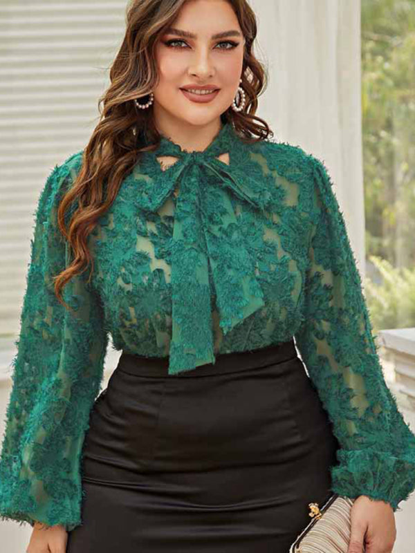 Classically Sexy Plus Size Women's Tie Bow Long Sleeve Lacy Blouse