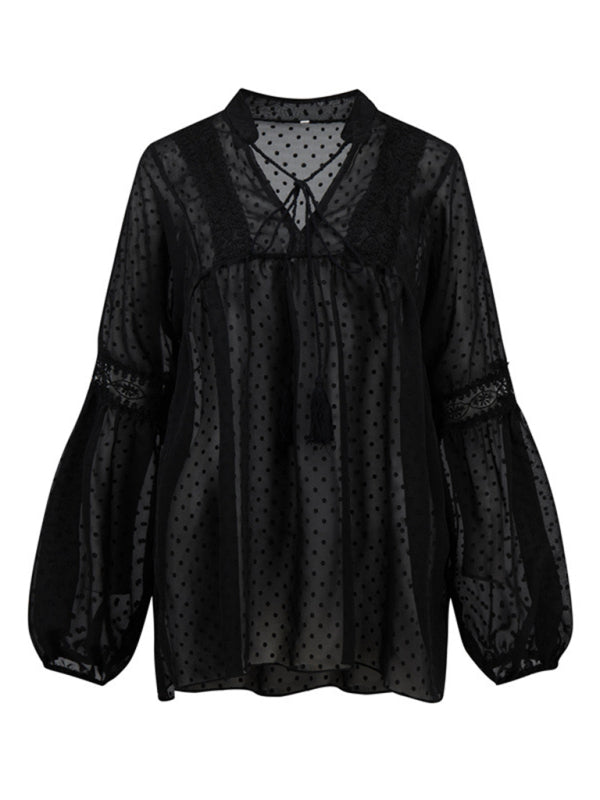 Retro Lace Women's Chiffon Balloon Sleeve Sexy See-Thru Top