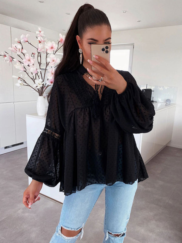Retro Lace Women's Chiffon Balloon Sleeve Sexy See-Thru Top