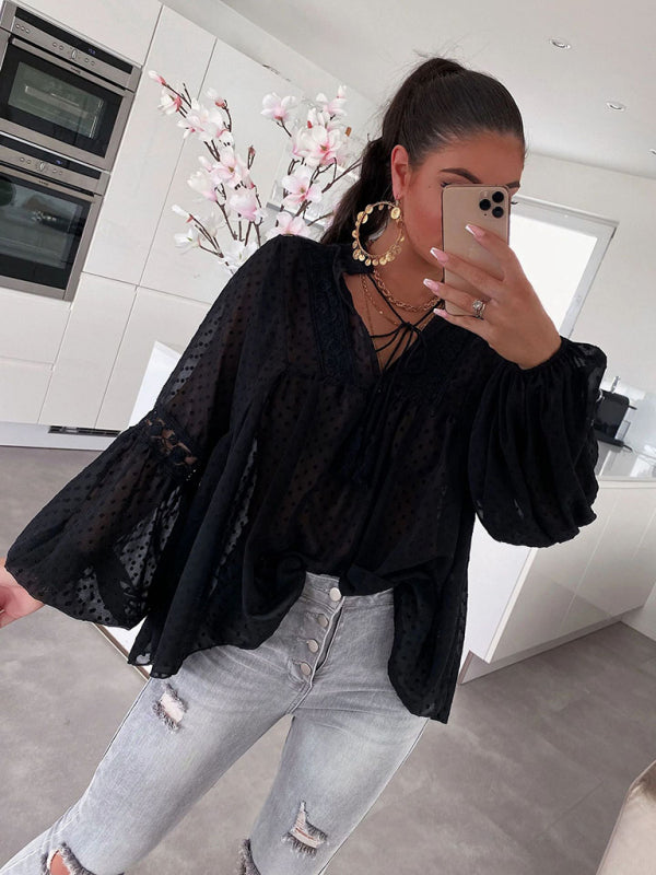 Retro Lace Women's Chiffon Balloon Sleeve Sexy See-Thru Top