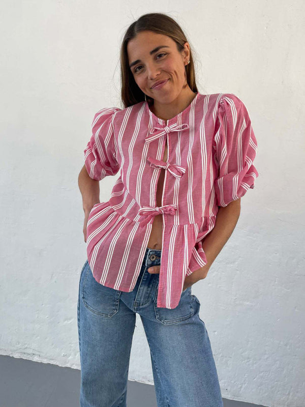 Vintage Style Modern Striped Mid-sleeve Bow Tie Front Top
