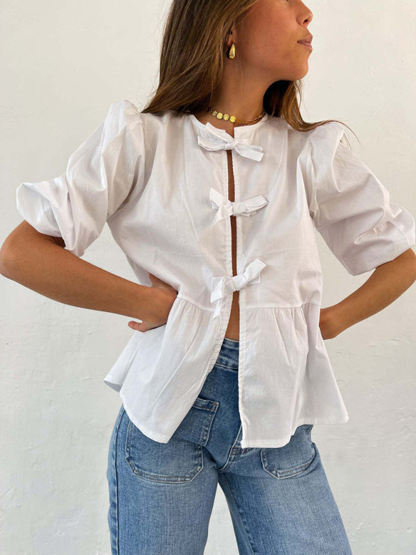 Vintage Style Modern Striped Mid-sleeve Bow Tie Front Top