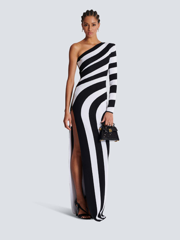 70's Style Zebra Print One Shoulder Long Sleeve Bare Leg Bandage Dress