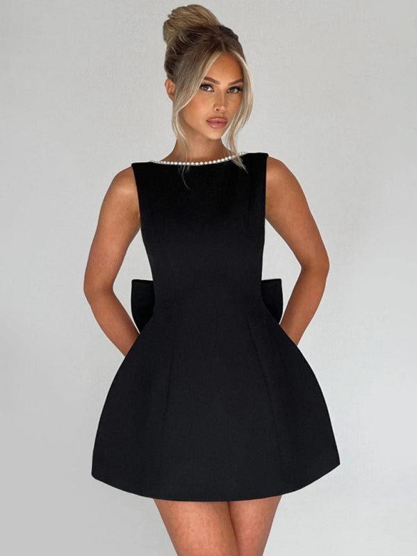 Classic Design Women's Pearl Bow Backless A-Line Mini Dress
