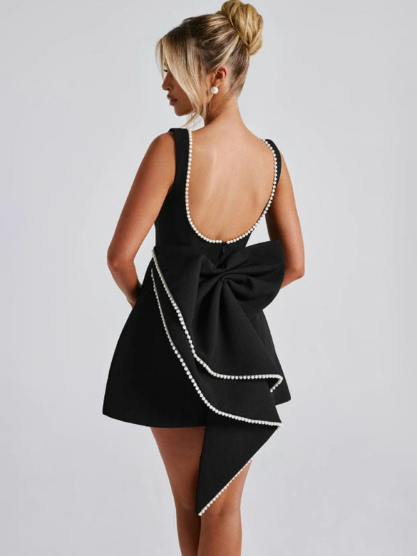 Classic Design Women's Pearl Bow Backless A-Line Mini Dress