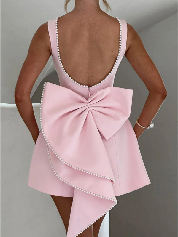 Classic Design Women's Pearl Bow Backless A-Line Mini Dress
